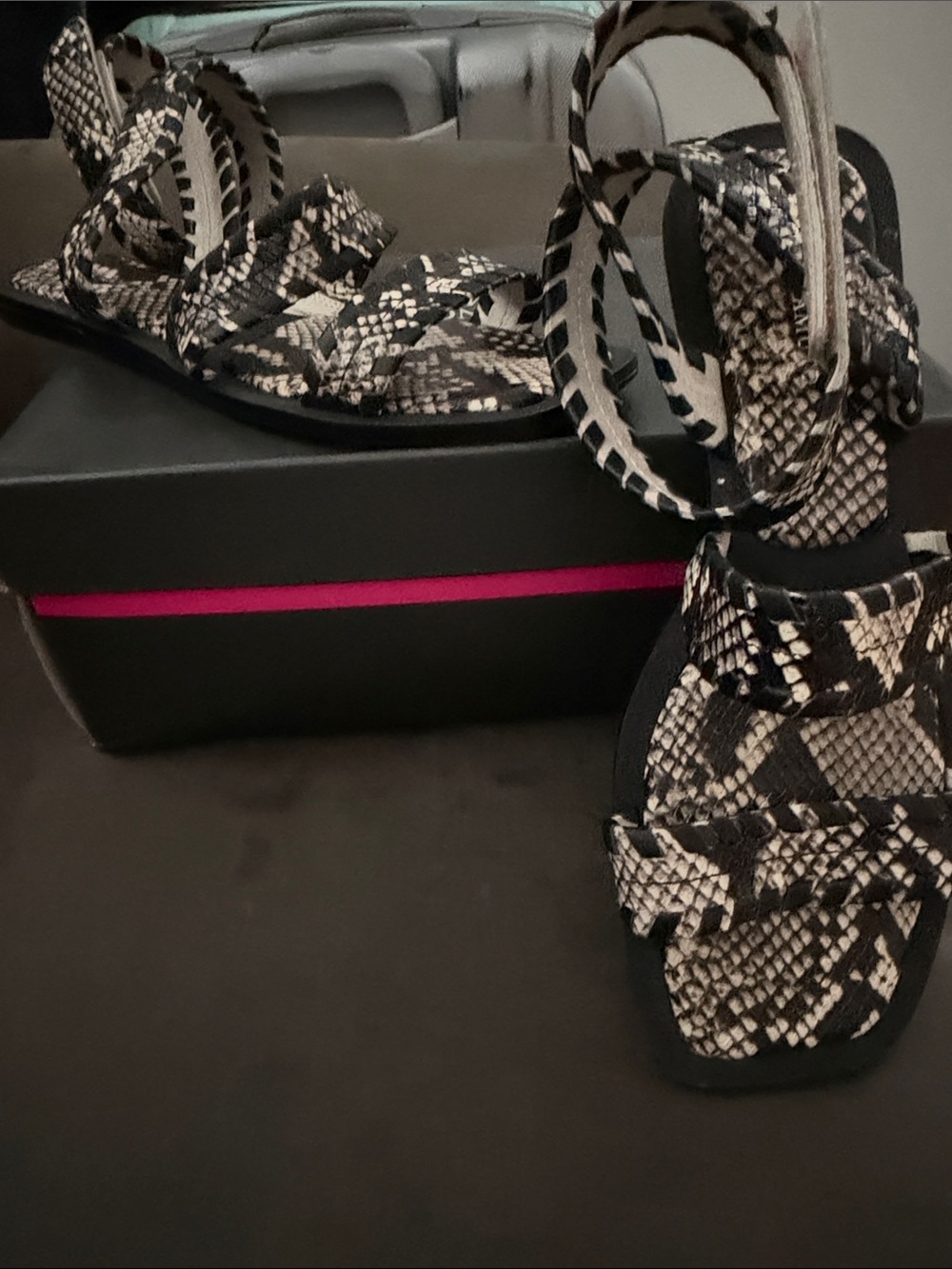 Vince Camuto Black and Cream Snake-Print Strappy Sandals